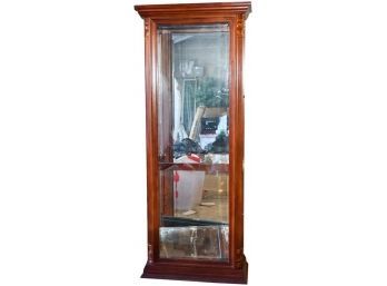 Traditional Lighted Cherry Wood Curio Cabinet With Glass Shelves And Mirrored Back