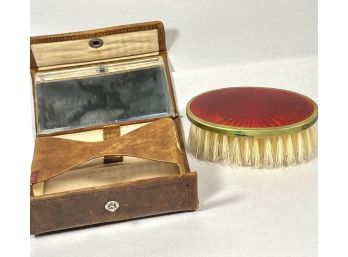 Guilloche Red Enamel Lint Brush In Leather Case W Mirror