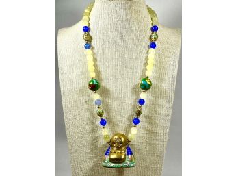 Vintage Hard Stone Chinese Enamel Cloisonne Jade Necklace W Buddha