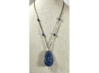 Antique Chinese Silver Necklace W Carved Floral Lapis Stone