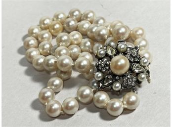 Faux Pearl Vintage Multi Strand Bracelet White Rhinestone Clasp