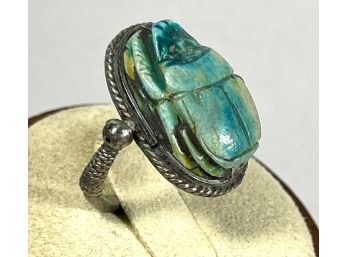 Antique Sterling Silver Flip Ring W Antique Faience Scarab