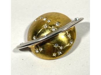 Silver & Gold Tone Designer Brooch Pin Of Saturn Planet