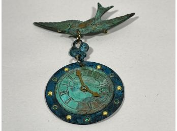 Vintage Designer Verdigris Brooch Bird W Clock Watch Face