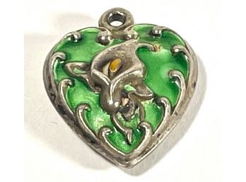 Antique Puffy Heart Charm Green Enamel Lily