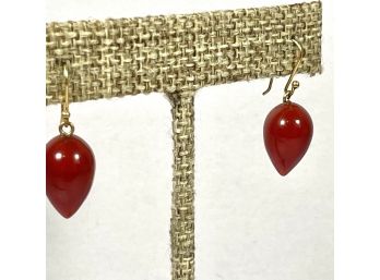 Fine Vintage Gold Wire & Carnelian Stone Drop Pierced Earrings
