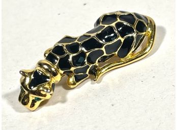 Vintage Gold Tone Black Enamel Glass Eyes Leopard Brooch