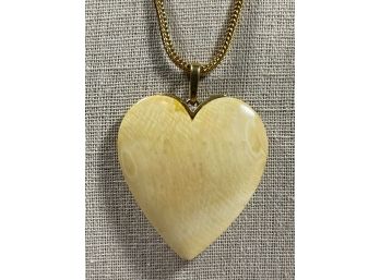 4K Gold Carved Bone Heart Pendant W Signed Gold Filled Chain 18'