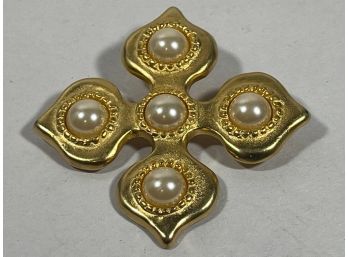 Designer Gold Tone Faux Pearl Cross Floral Brooch