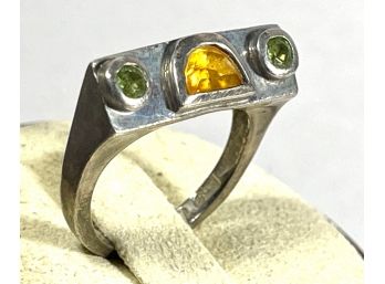Modern Sterling Silver Artisan Ring W Gemstones Slanted Face