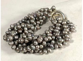 Contemporary Sterling Silver Multi Strand Gray Cultured Pearl Bracelet