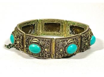 Antique Chinese Gold Over Sterling Silver Filigree Persian Turquoise Bracelet