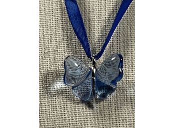 Signed Lalique Blue Crystal Art Glass Butterfly Pendant Necklace