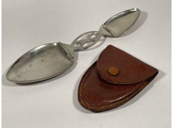 Antique English Stainless Steel Folding Traveling Spoon In Pig Skin Case