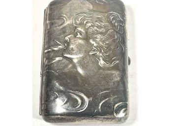 Art Nouveau Sterling Silver Figural Woman Smoking Cigarette Case