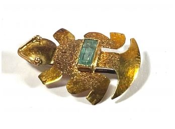 18K Gold Peruvian Frog Pin W Emerald