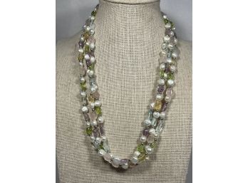 Sterling Silver Genuine Pearl & Gemstone Necklace Aqua Marine Amethyst