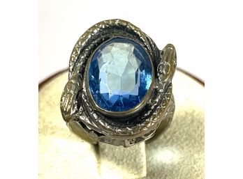 Antique Czech Brass And Glass Silver Tone Snake Ring Blue Stone