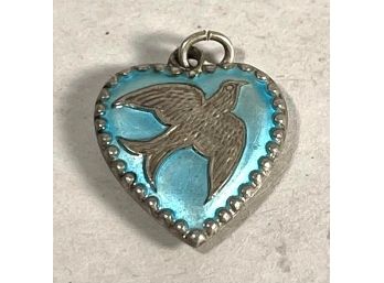 Antique Puffy Heart Sterling Silver Charm Bird Blue Enamel