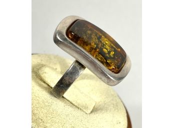 Modern Sterling Silver Ring W Amber Stone Moderne About A Size 7