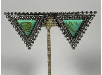 Diamond Shaped Silver Tone Glass Stone Designer Clip Earrings