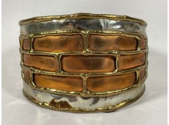 1980s Brutalist Hand Forged Copper Mixed Metals Cuff Bracelet