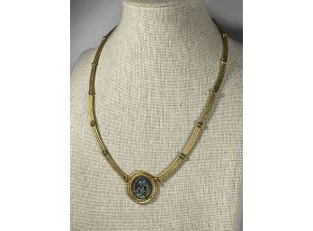 Signed  Jaded Gold Tone Ancient Coin Necklace