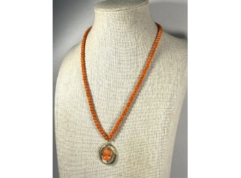 Antique Victorian Solid Gold Carved Orange Coral Cameo Pendant Necklace