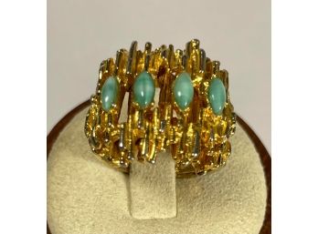 Vintage Gold Tone Costume Ring W Green Stones Modernist