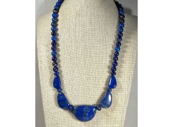Contemporary Sterling Silver Genuine Lapis Lazuli Stone Polished Beaded Necklace