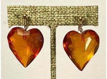 Super Rare Item 18K Gold & Huge Antique Amber Heart Shaped Earrings