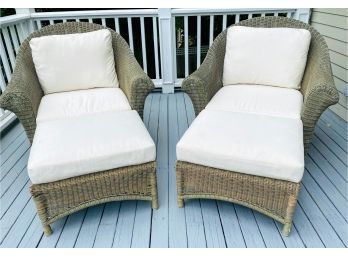 Pair Of Restoration Hardware Resin Wicker Chairs And Ottoman