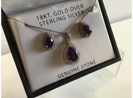 Beautiful Amethyst 18K Gold Over Sterling Silver Necklace And Earrings