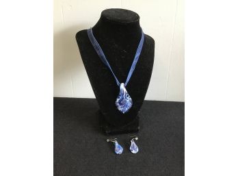 Blue Swirl Glass Necklace And Earrings