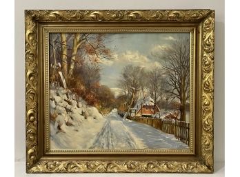 Vintage Winter Scene Oil Painting Signed Illegibly - Note Rip To Canvas