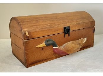 Vintage Hand Carved Wooden Duck Storage Box Signed Illegibly By Artist