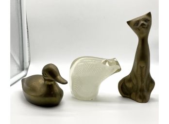Lot Of Assorted Figurines - Brass Cat And Duck & One Glass Polar Bear