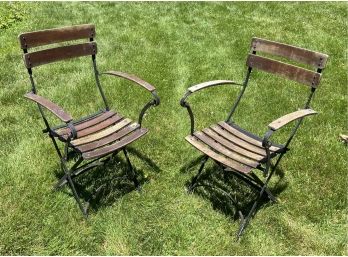 Pair Of Vintage Iron And Wood Slat Folding Chairs