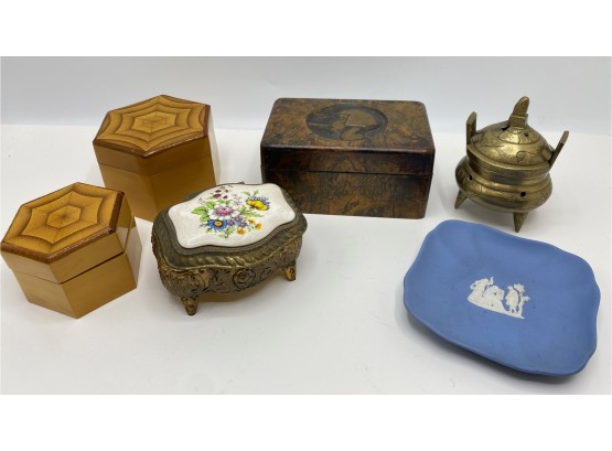 Vintage Bakelite Cigarette Box, Music Box, Wedgwood Plate, Chinese Incense Burner  & Stacked Boxes