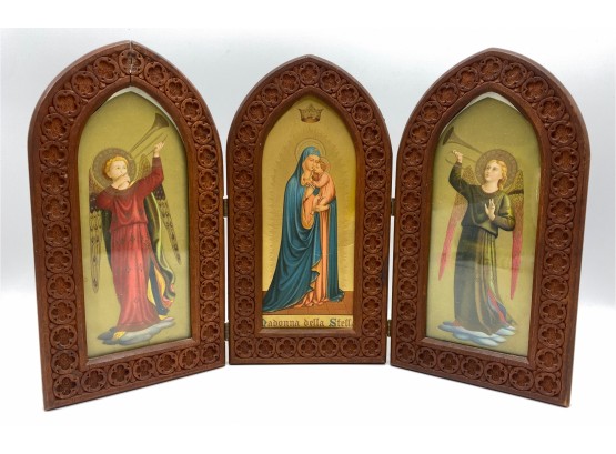 Christian Triptych Prints In Carved Wood Frame