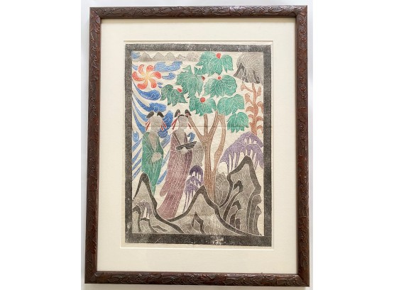 Vintage Chinese Woodblock Print With Appraisal