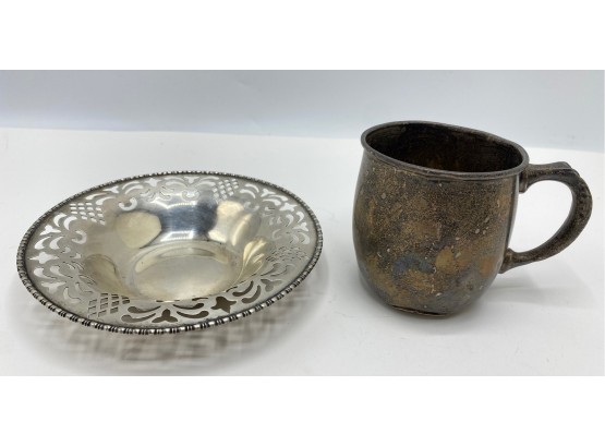 Sterling Silver Openwork Bowl Marked A!RR 4707 & Vintage Sterling Cup (Total Weight: 4.8 Oz)
