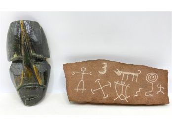 Hohokam Culture Replica Carved Stone & Carved Wood Head, Both Ready To Hang