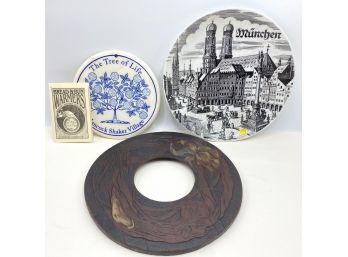 Munchen Decorative Plate, Seneca Ceramics Bread Warmer Plate & Wood Carving, All Ready To Hang