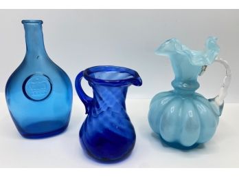 Vintage Small Depression Glass Ruffle Pitcher,  Hand Blown Glass Pitcher &  Wheaton Industries Bottle