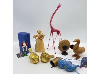 Figurines: Wood Animals, Corn Husk Lady, African Giraffe, New In Box Glass Mermaid From Global Villages & More