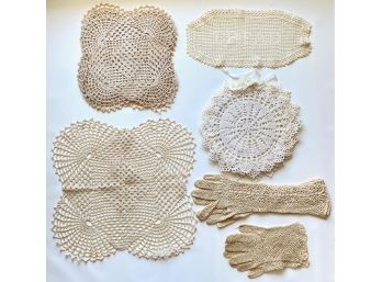14 Hand Made Lace Doilies & 2 Pairs Of Gloves
