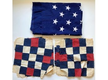 12 Vintage Hand Made Quilt Squares & American Flag Blue Fabric Remnant