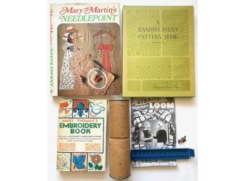 Vintage New In Box Strait's Adjustable Loom & Vintage Needlepoint, Embroidery & Handweaving Books