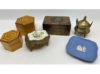 Vintage Bakelite Cigarette Box, Music Box, Wedgwood Plate, Chinese Incense Burner  & Stacked Boxes